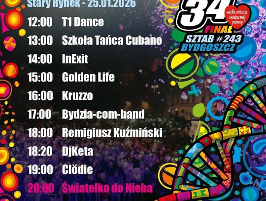 Plakat 34. finału WOŚP w Bydgoszczy z programem wydarzenia