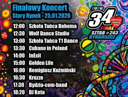 Plakat 34. finału WOŚP w Bydgoszczy z programem wydarzenia