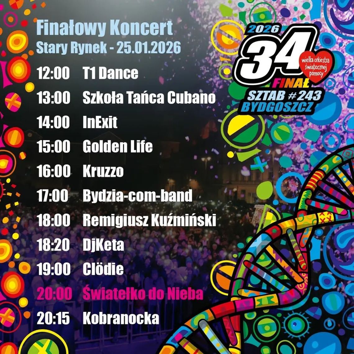 Plakat 34. finału WOŚP w Bydgoszczy z programem wydarzenia