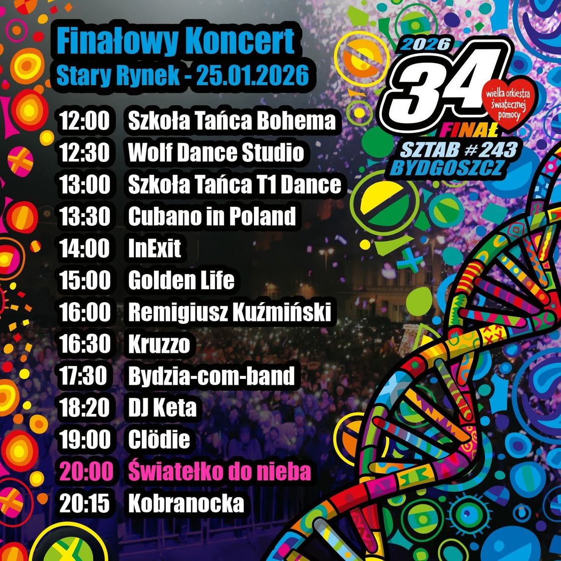 Plakat 34. finału WOŚP w Bydgoszczy z programem wydarzenia