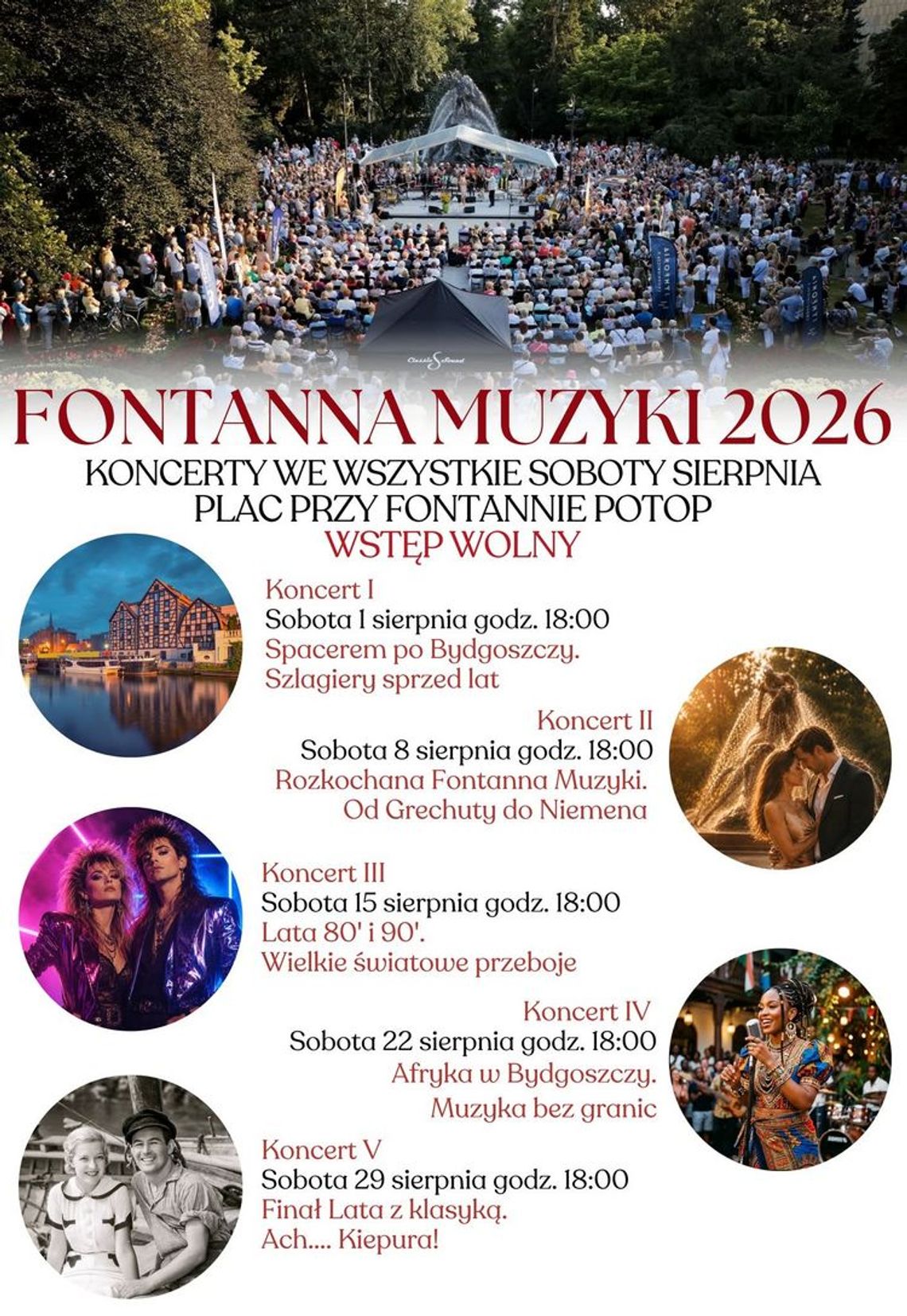 Fontanna Muzyki w Bydgoszczy. Sierpniowe koncerty z polskimi przebojami, rytmami Afryki i klasyką operetki na Skwerze przy Fontannie Potop, wstęp wolny Fontanna Muzyki w Bydgoszczy. Sierpniowe koncerty z polskimi przebojami, rytmami Afryki i klasyką operetki na Skwerze przy Fontannie Potop, wstęp wolny