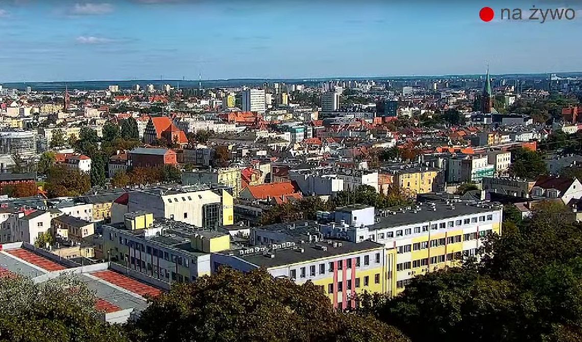 Kamera na dachu Wieży Ciśnień: panorama Bydgoszczy na żywo