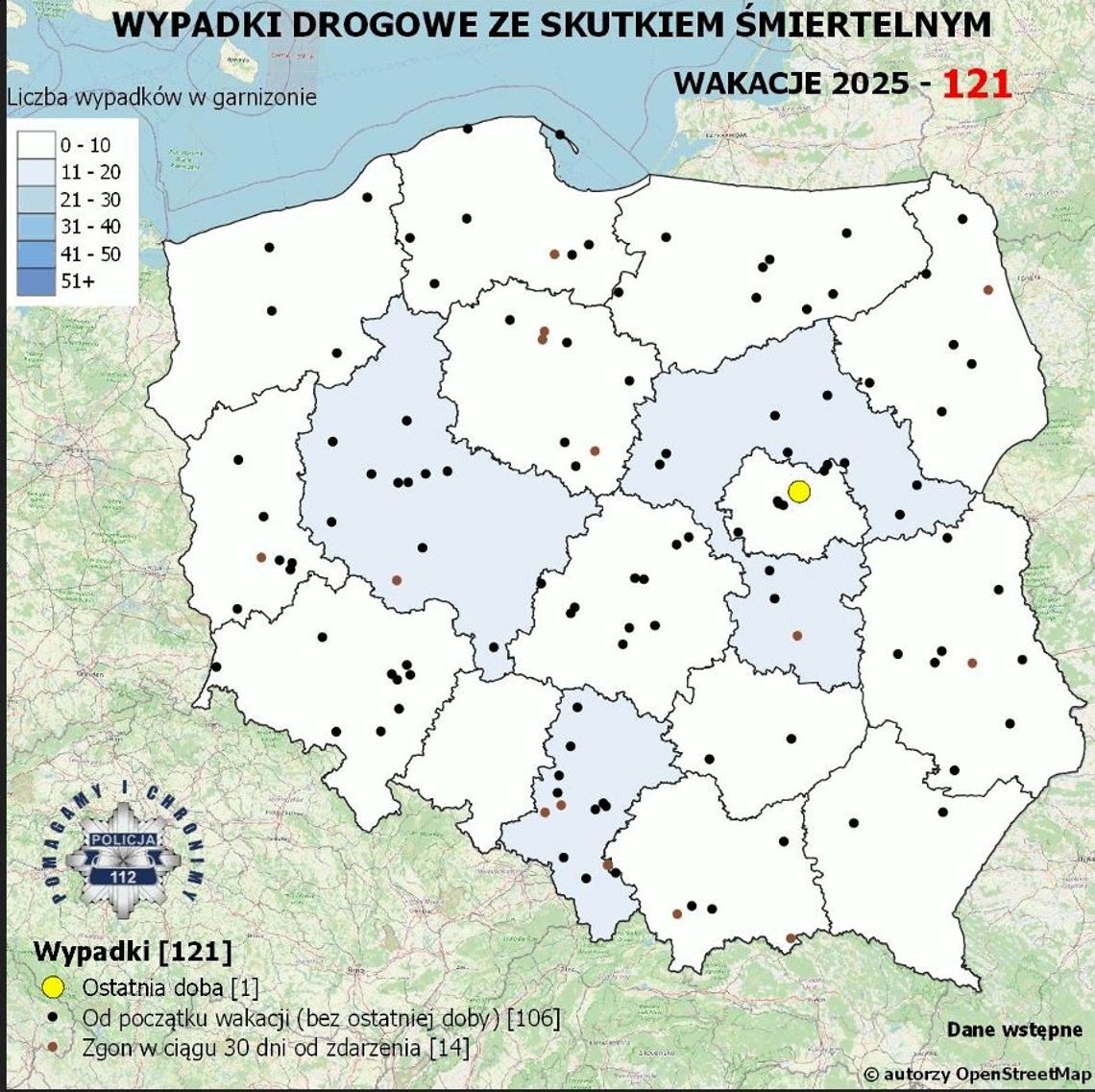 Policyjna mapa wypadków drogowych ze skutkiem śmiertelnym – Wakacje 2025