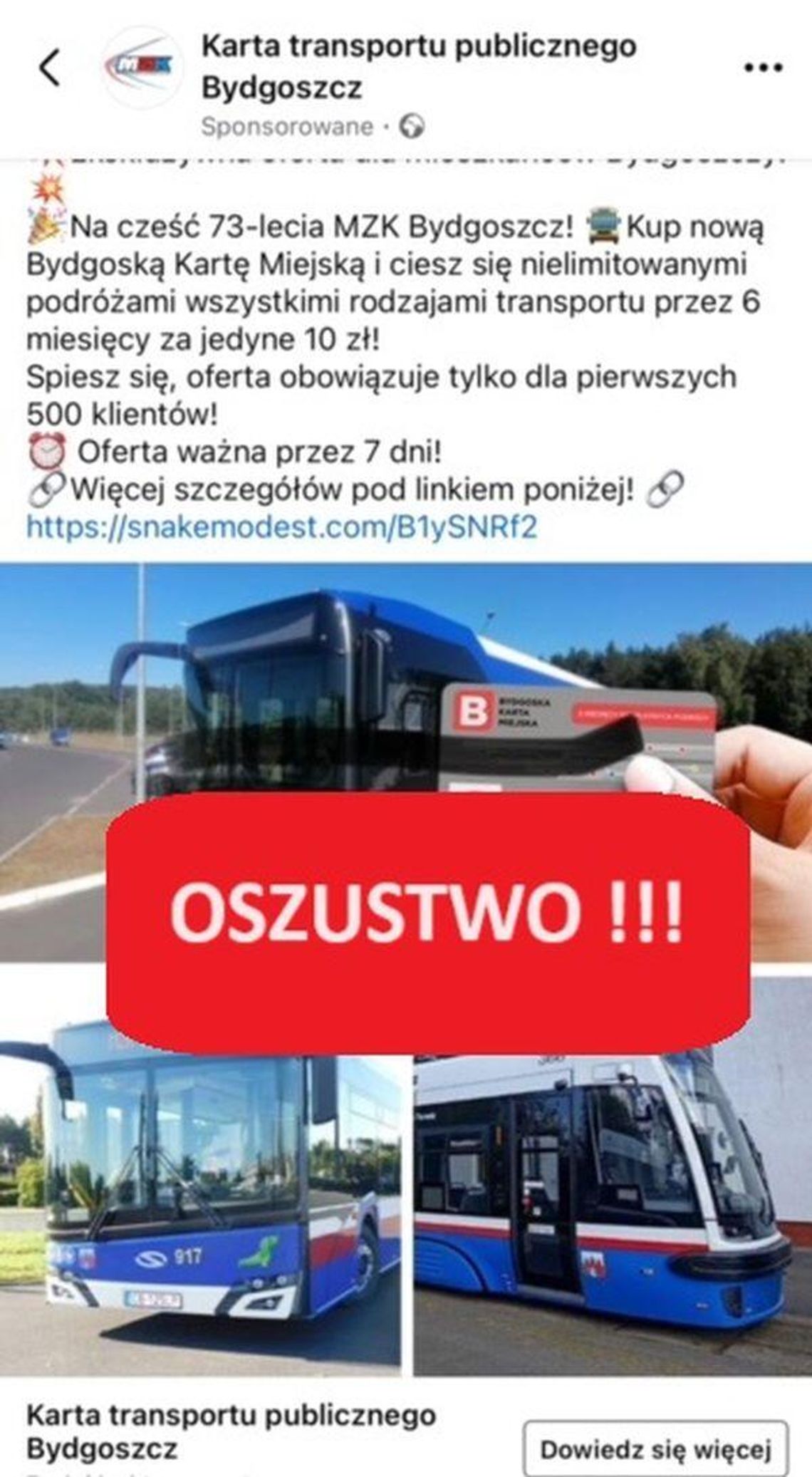 UWAGA: Próba oszustwa na Bydgoską Kartę Miejską!