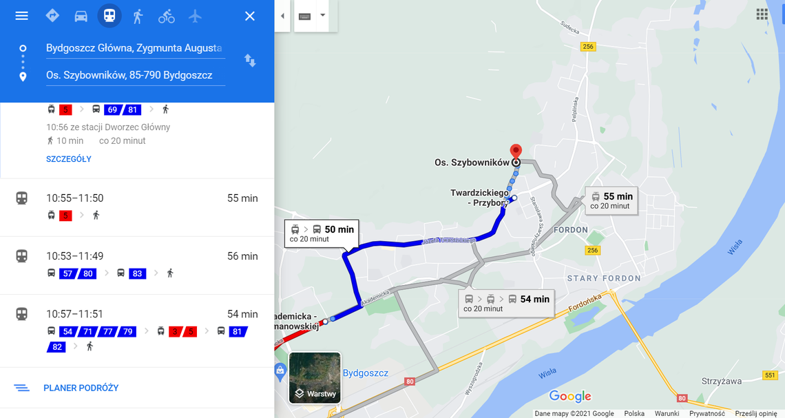 Z usługi Google Transit w Bydgoszczy można już korzystać od dwóch lat