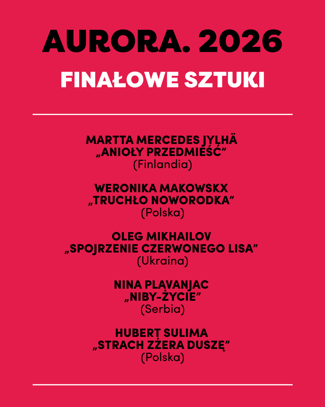 Znamy finalistów i finalistki 6. edycji AURORY. Nagrody Dramaturgicznej Miasta Bydgoszczy. Teatr Polski odsłania finałową piątkę Znamy finalistów i finalistki 6. edycji AURORY. Nagrody Dramaturgicznej Miasta Bydgoszczy. Teatr Polski odsłania finałową piątkę