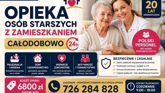 Opieka nad seniorem z zamieszkaniem, 24 godziny na dobę, cała Polska