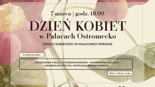 Plakat wydarzenia z kwiatami i informacjami o Dniu Kobiet