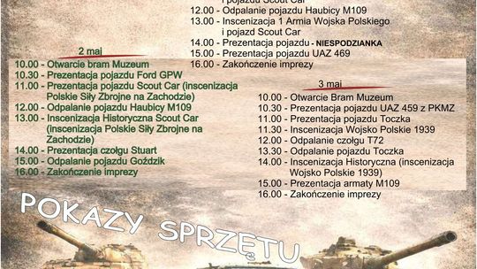 Plakat wydarzenia Patriotyczna Majówka w Muzeum Wojsk Lądowych w Osówcu
