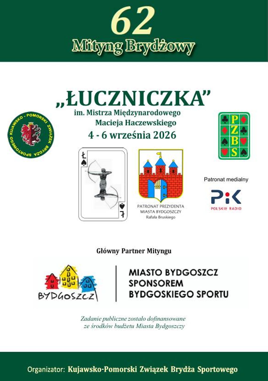Plakat 62 Mityngu Brydżowego „Łuczniczka” w Bydgoszczy, 4-6 września 2026