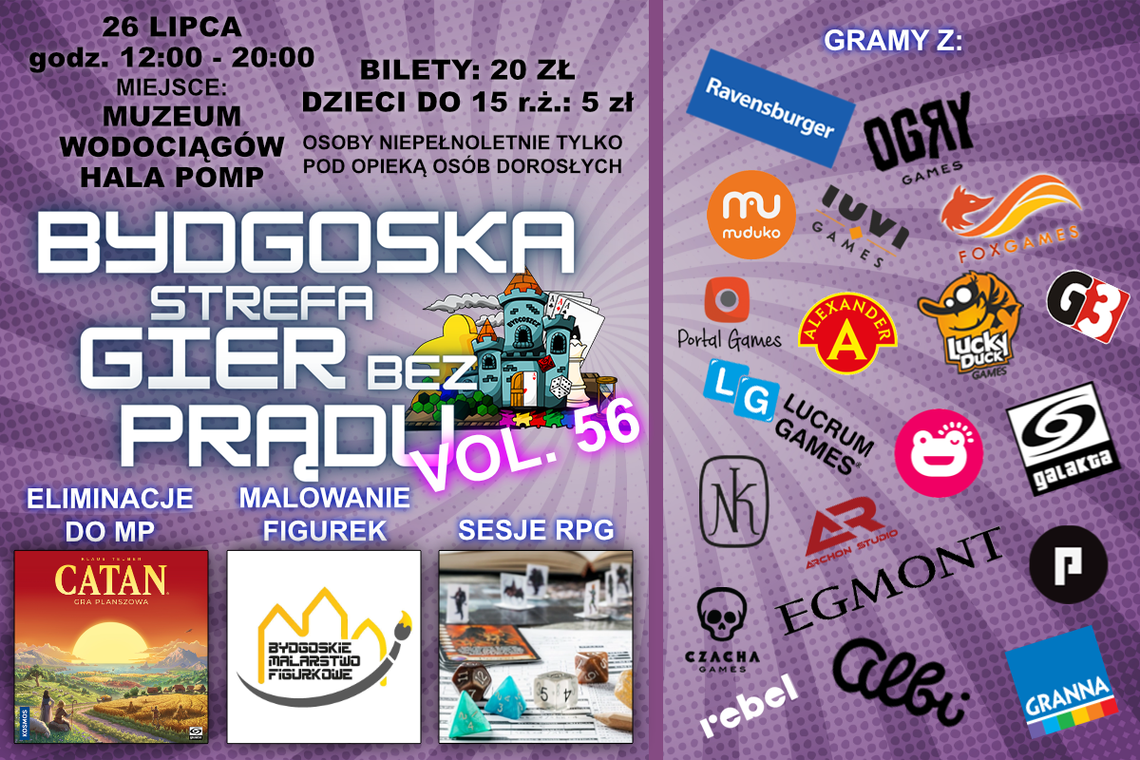Bydgoska Strefa Gier bez Prądu vol. 56 Plakat wydarzenia Bydgoska Strefa Gier bez Prądu vol. 56 w Muzeum Wodociągów w Bydgoszczy