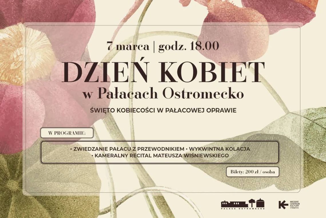 Plakat wydarzenia z kwiatami i informacjami o Dniu Kobiet