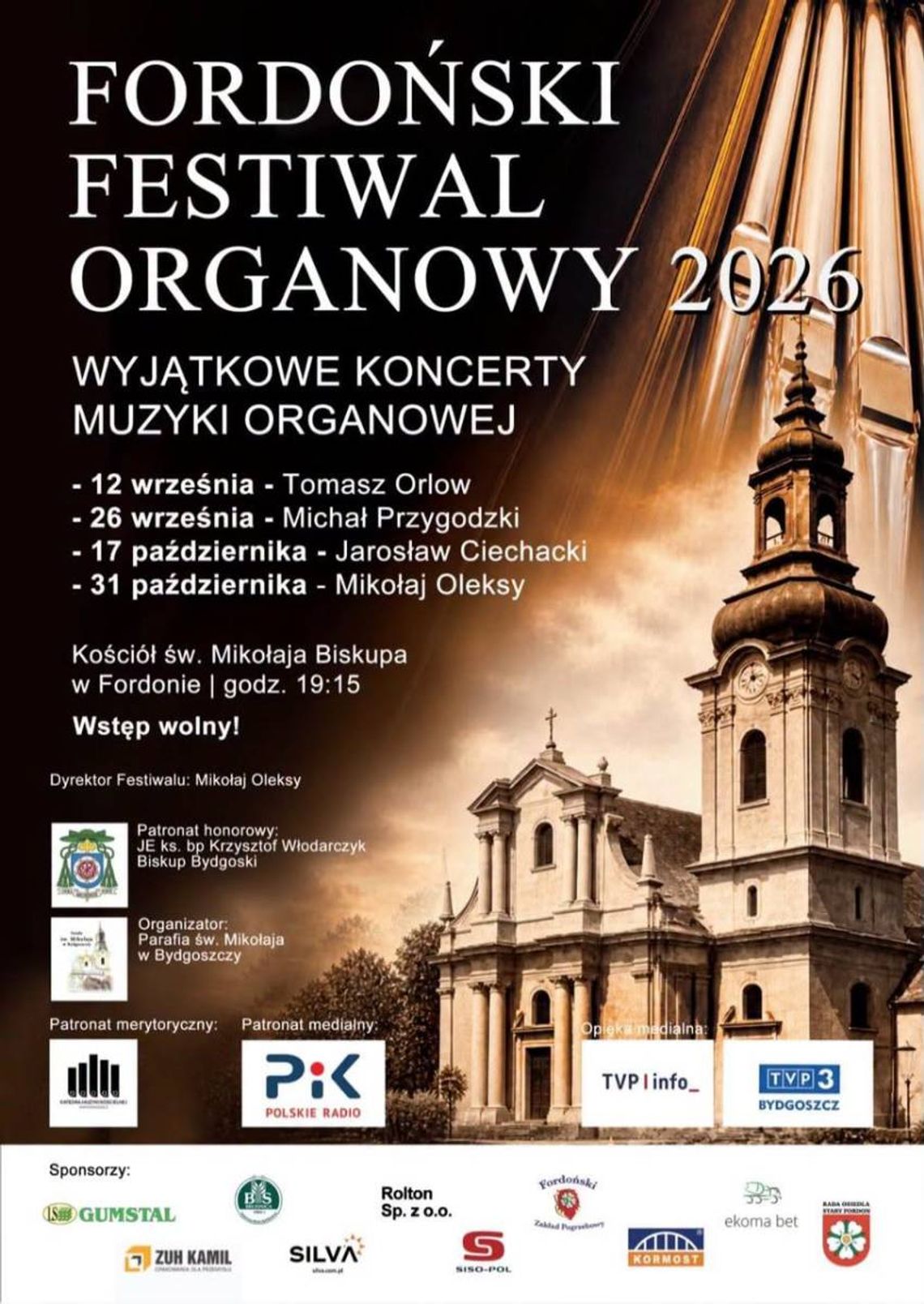 Fordoński Festiwal Organowy 2026 Plakat Fordońskiego Festiwalu Organowego 2026 z terminami koncertów w Kościele św. Mikołaja Biskupa w Fordonie