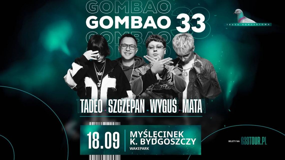 Plakat trasy koncertowej GOMBAO 33 z artystami Tadeo, Szczepan, Wyguś i Mata oraz datą 18.09 w Myślęcinku koło Bydgoszczy