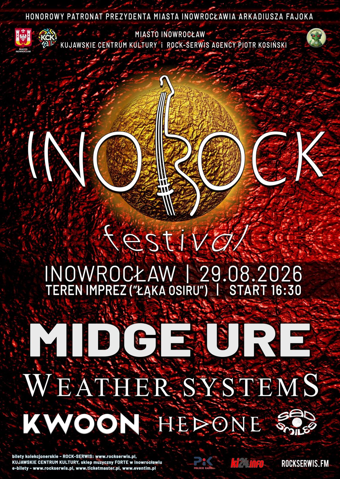 Plakat promujący INObrock Festival z informacjami o wykonawcach i dacie.