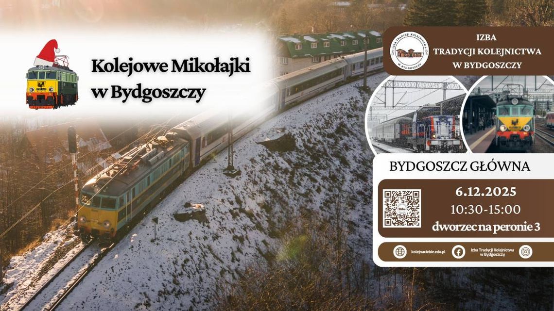 Plakat promujący Kolejowe Mikołajki z lokomotywą i świątecznymi akcentami.