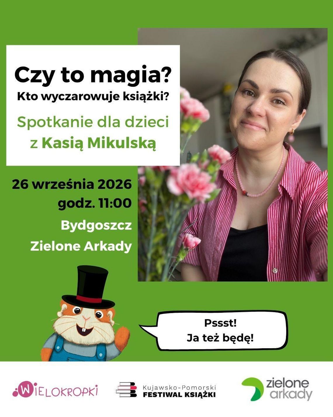 Plakat spotkania dla dzieci z Kasią Mikulską w Zielonych Arkadach w Bydgoszczy