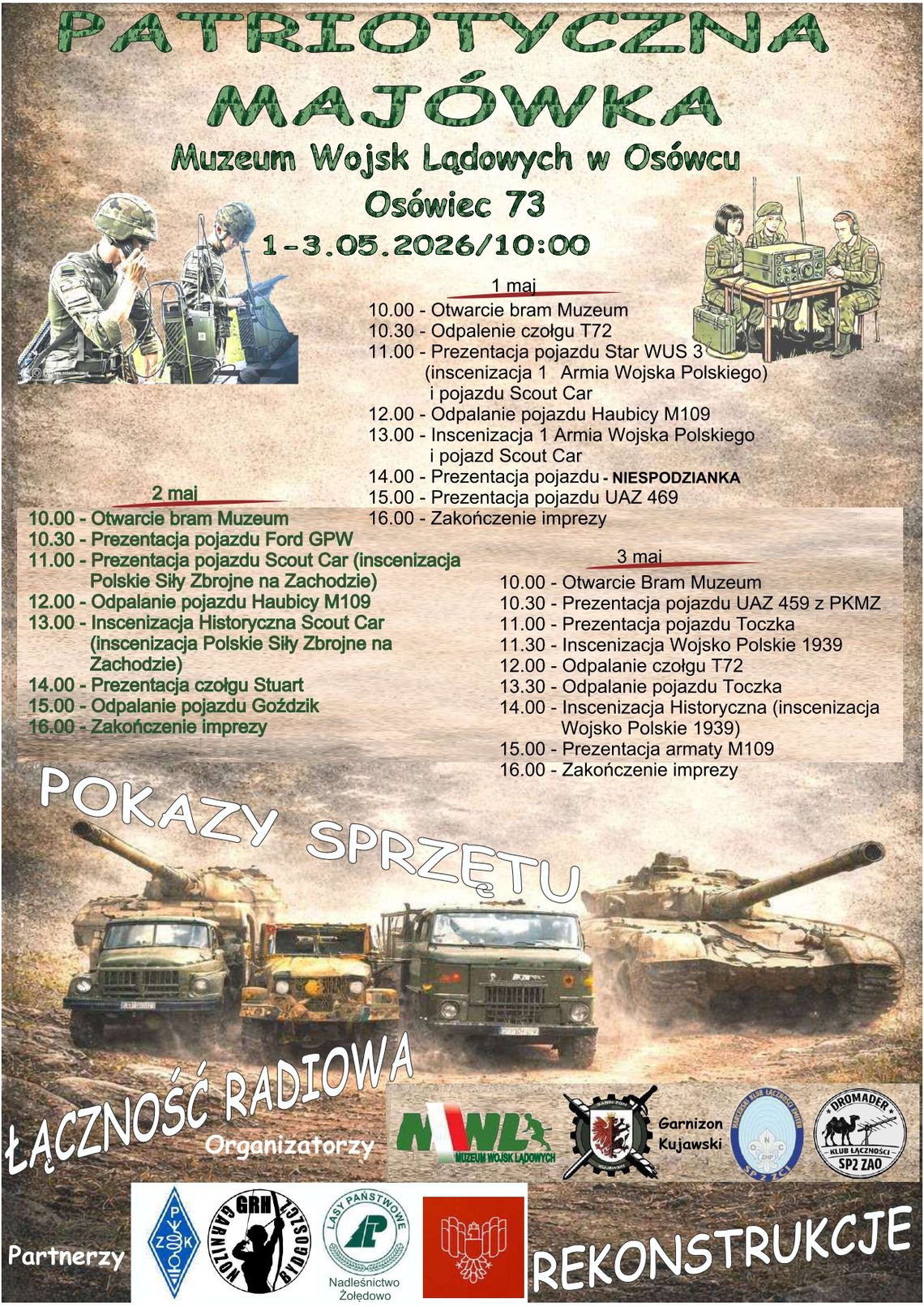 Plakat wydarzenia Patriotyczna Majówka w Muzeum Wojsk Lądowych w Osówcu