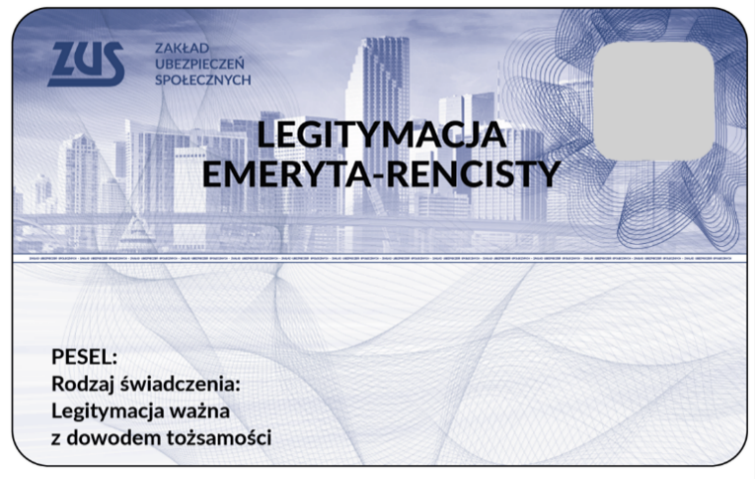 Legitymacja emeryta-rencisty – wzór plastikowy - awers. Zawiera dane: PESEL, rodzaj świadczenia, legitymacja ważna z dowodem tożsamości.